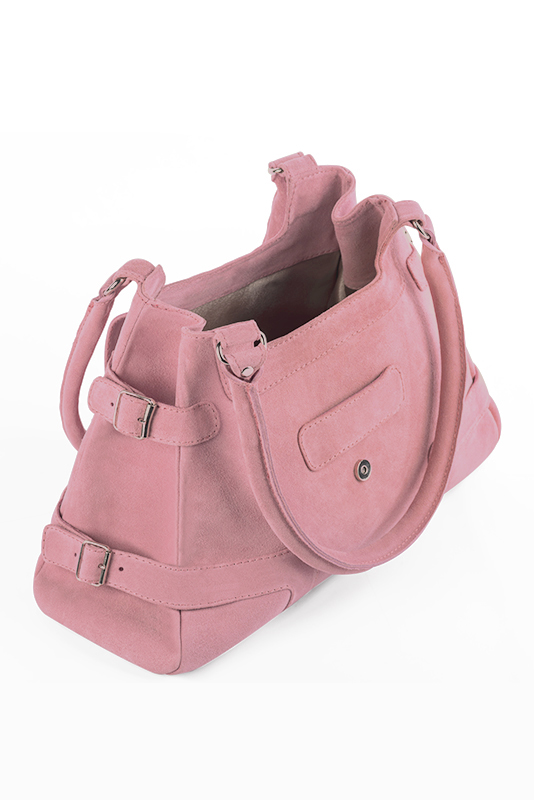 Carnation pink women's dress handbag, matching pumps and belts. Top view - Florence KOOIJMAN